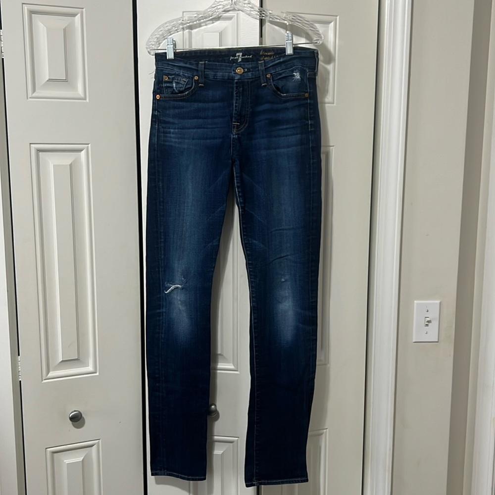 Kimmie straight leg, 7 for all mankind jeans with distressed knees